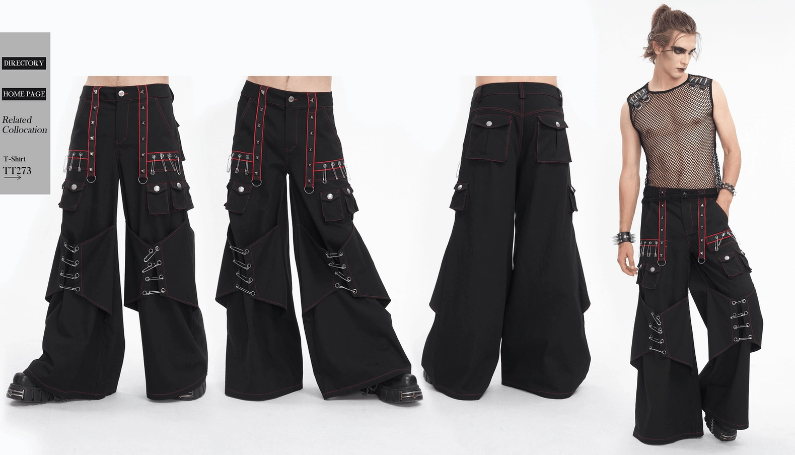 Gothic wide-leg cargo pants alternative fashion piece with industrial metal hardware elements