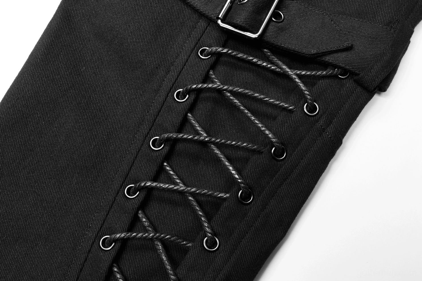 Close-up detail of gothic cargo pants lace-up system with metal eyelets, rope lacing, and buckle hardware