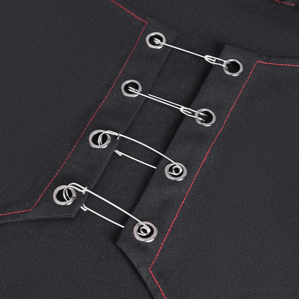 Gothic industrial cargo pants lower leg detail showing red stitching and hardware accents