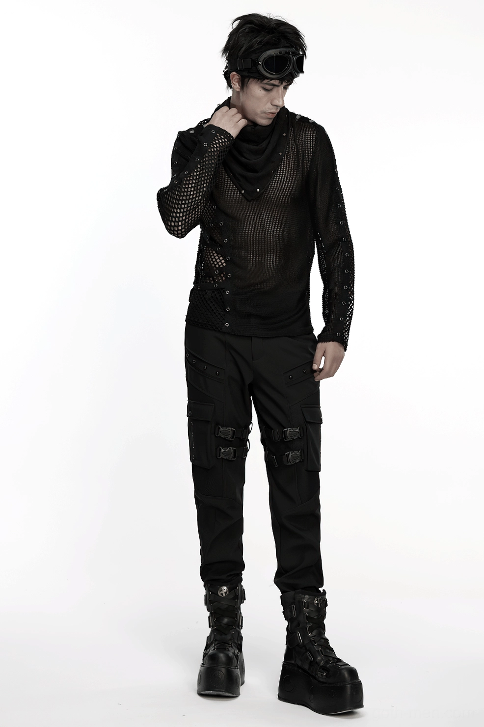 Black gothic cargo pants polyester velvet mesh material blend and construction detail
