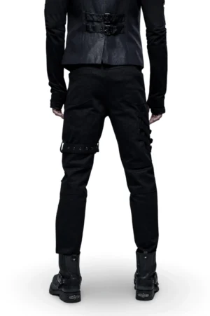 Black gothic cargo pants rear view showing thigh buckle straps and fitted silhouette, model wear on white studio background