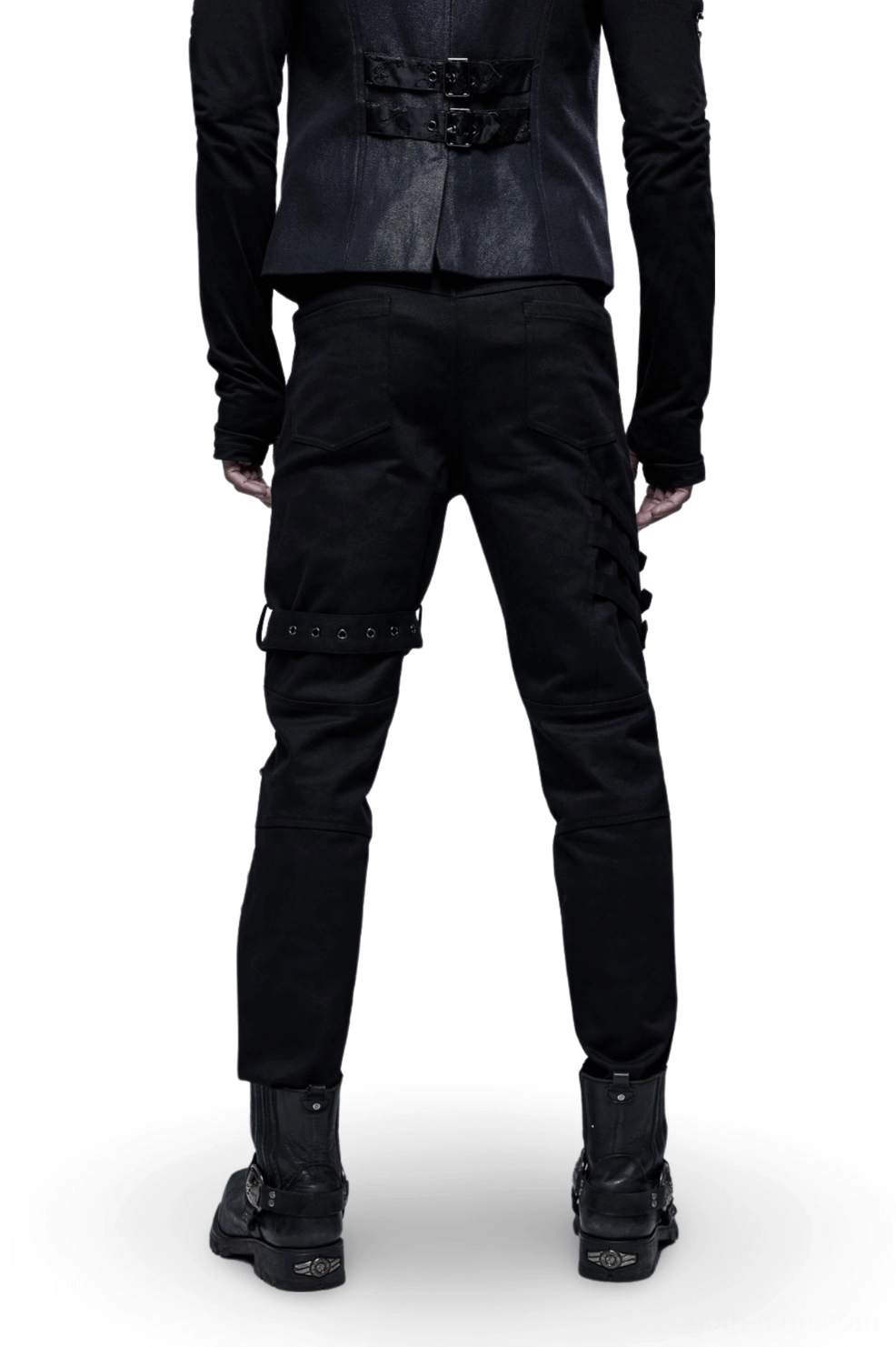 Black gothic cargo pants rear view showing thigh buckle straps and fitted silhouette, model wear on white studio background