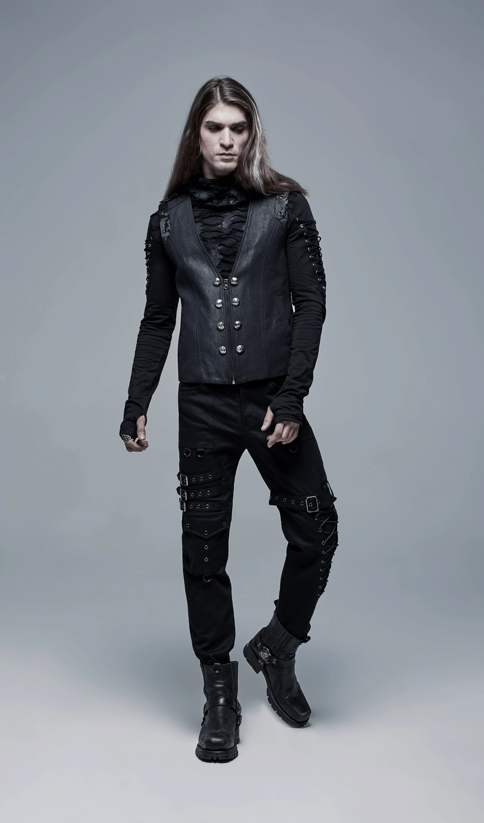 Men's black gothic cargo pants full view showing complete buckle strap system and cargo pocket architecture