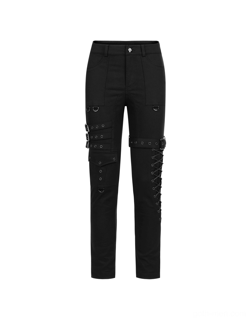 Black gothic cargo pants front flat lay display with lace-up leg and multiple buckle strap placements on white background