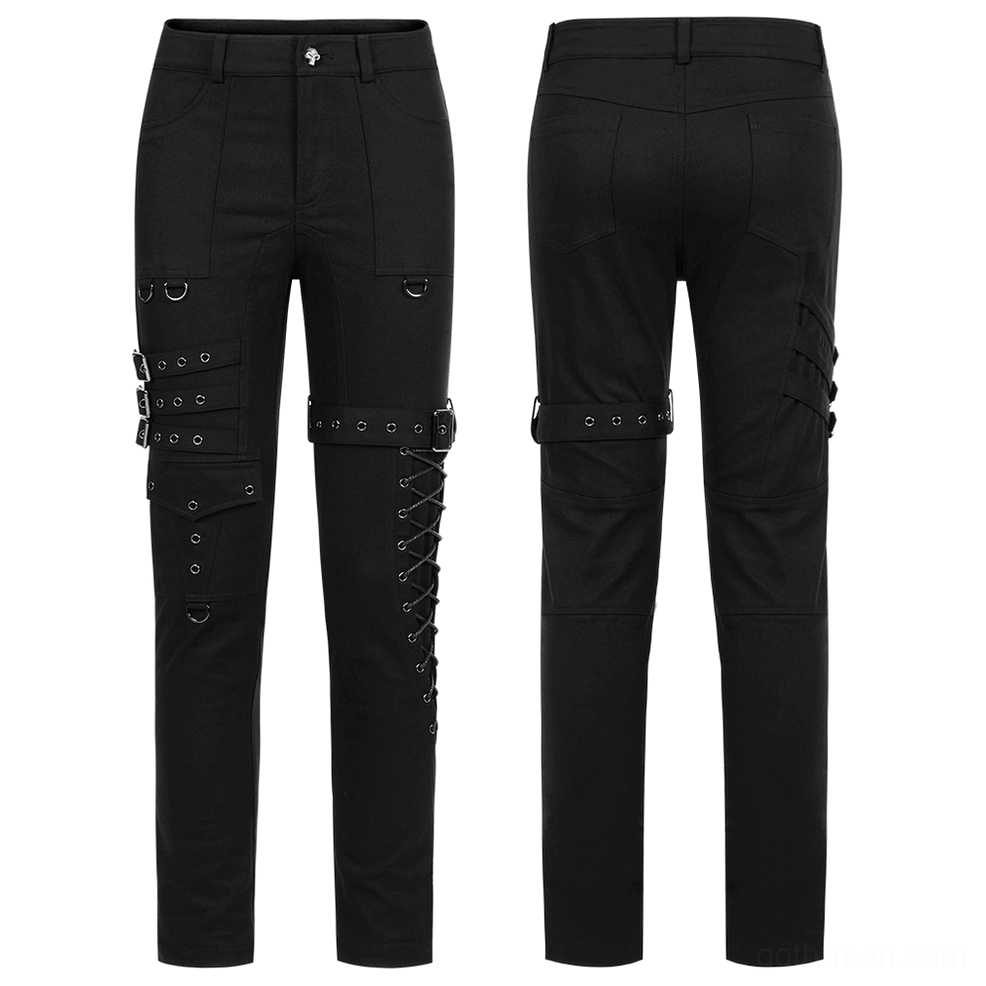 Men's gothic cargo pants flat lay front and rear display showing lace-up side and buckle strap architecture on white background