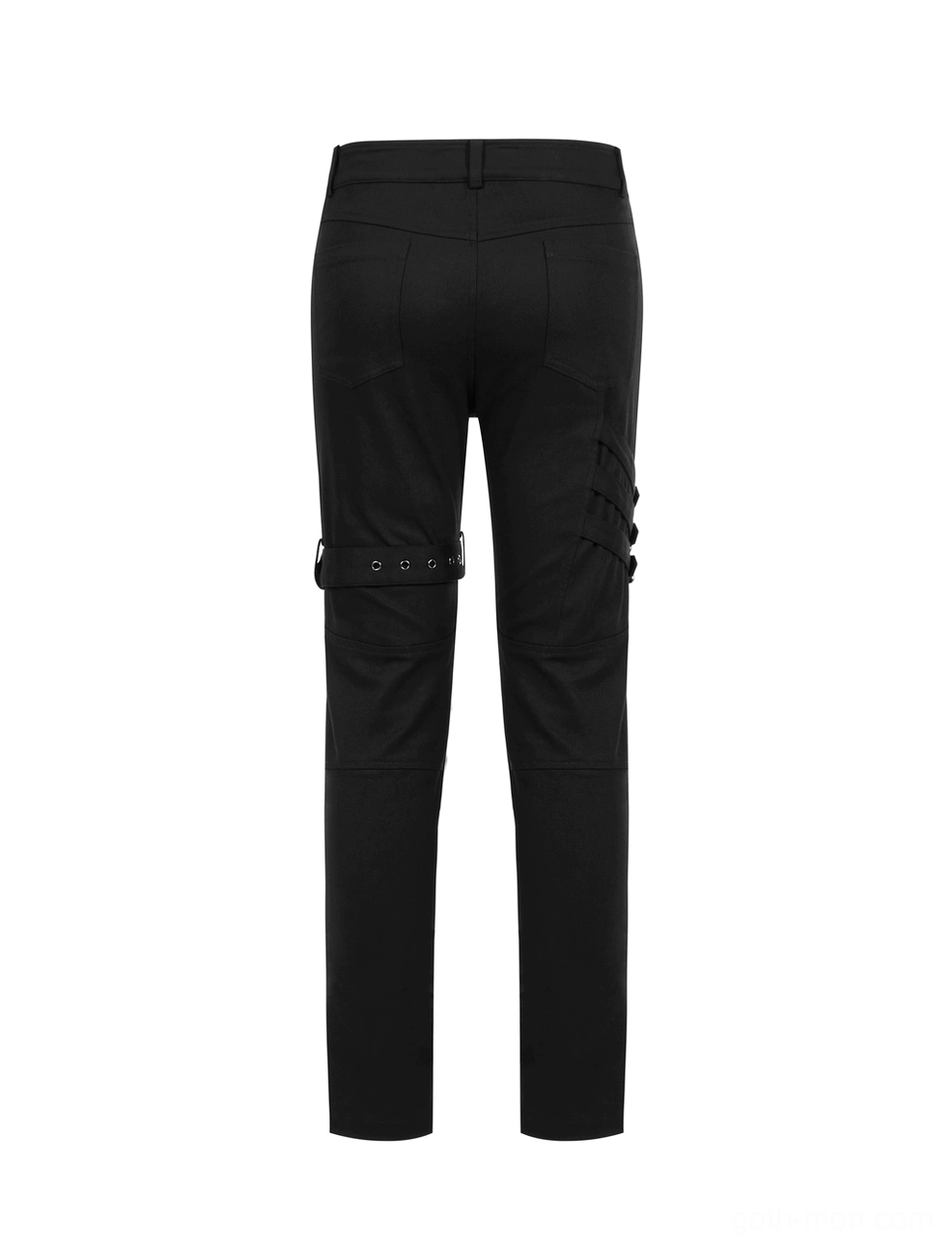 Men's black gothic cargo pants rear flat lay showing thigh buckle strap placements and tailored fit on white background