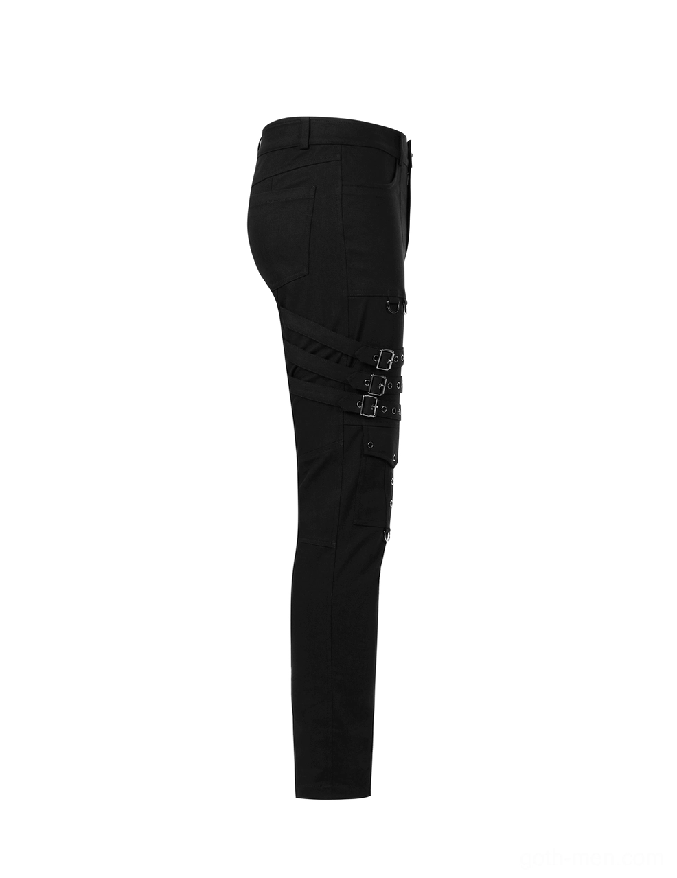 Gothic men's cargo pants side view flat lay showing buckle straps and slim-cut tailoring on white background