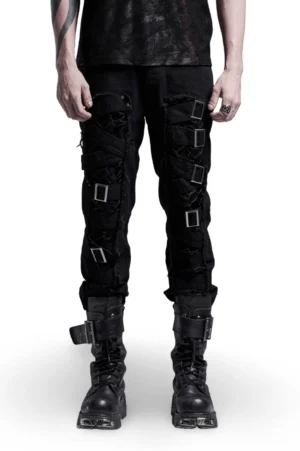 Men's black mesh buckle gothic cargo pants front view on model, showing distressed twill fabric and transparent mesh panels