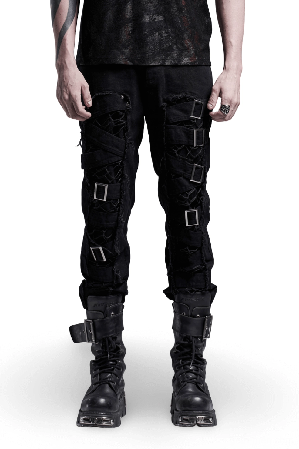 Men's black mesh buckle gothic cargo pants front view on model, showing distressed twill fabric and transparent mesh panels
