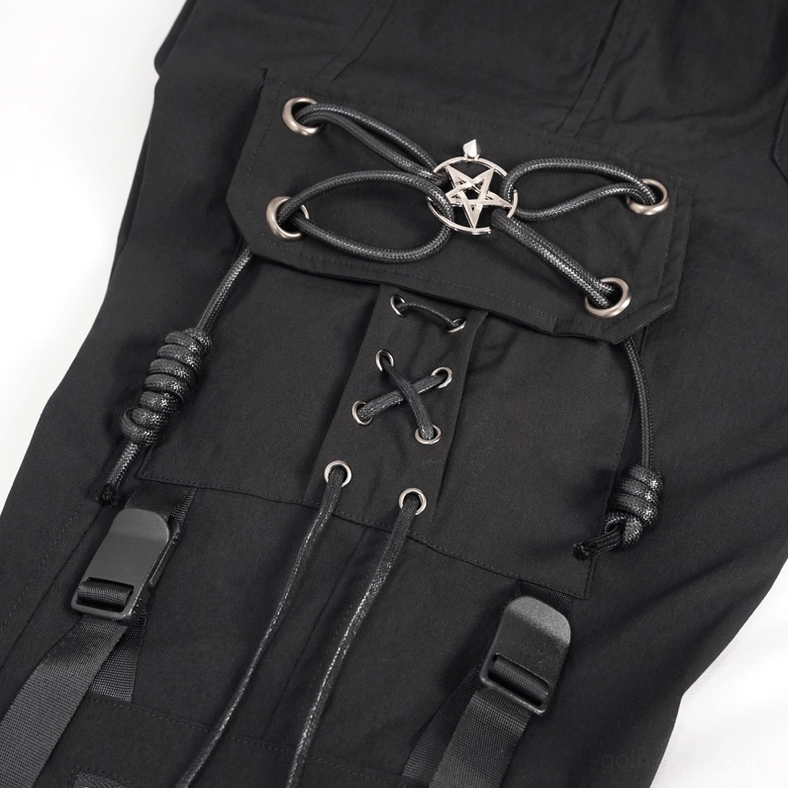 Cargo pocket detail of black gothic cargo pants with metal pentagram buckle and tactical lace-up fasteners