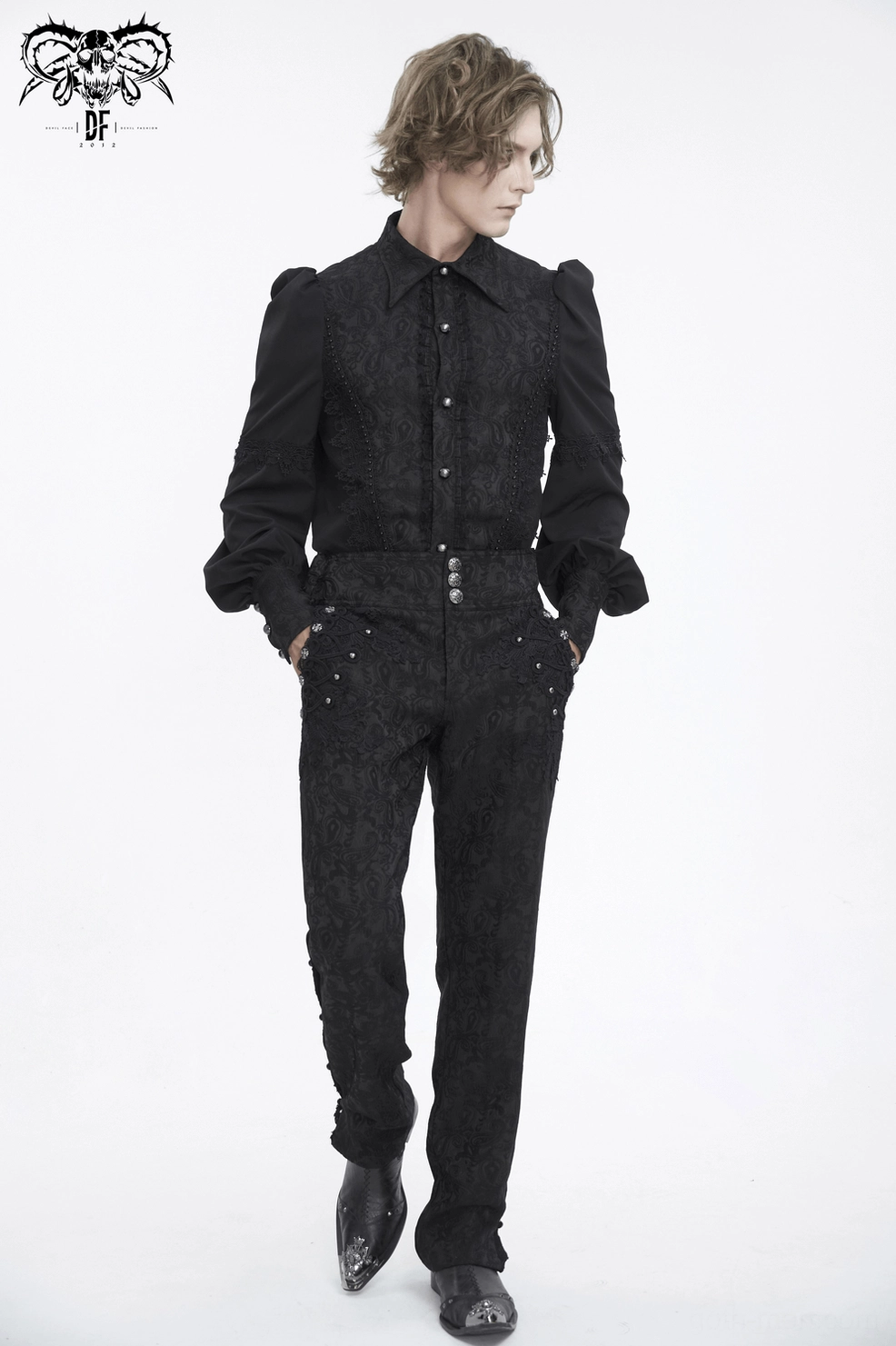 Black gothic cargo pants detail showing metal stud placement and side seam decoration