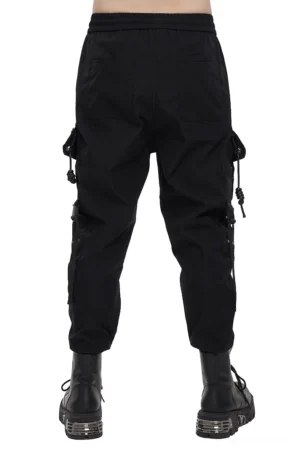 Back view of black gothic cargo pants with elastic waistband and ribbed ankle cuffs, rear patch pockets detail