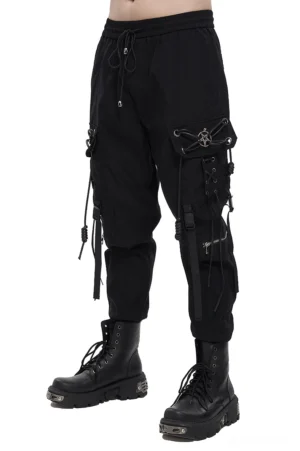 Black gothic cargo pants with metal pentagram details, left side view showcasing tactical straps and loose fit silhouette
