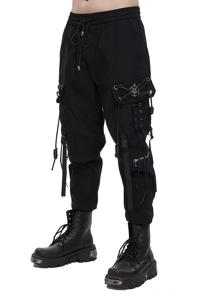 Black gothic cargo pants with metal pentagram details, left side view showcasing tactical straps and loose fit silhouette