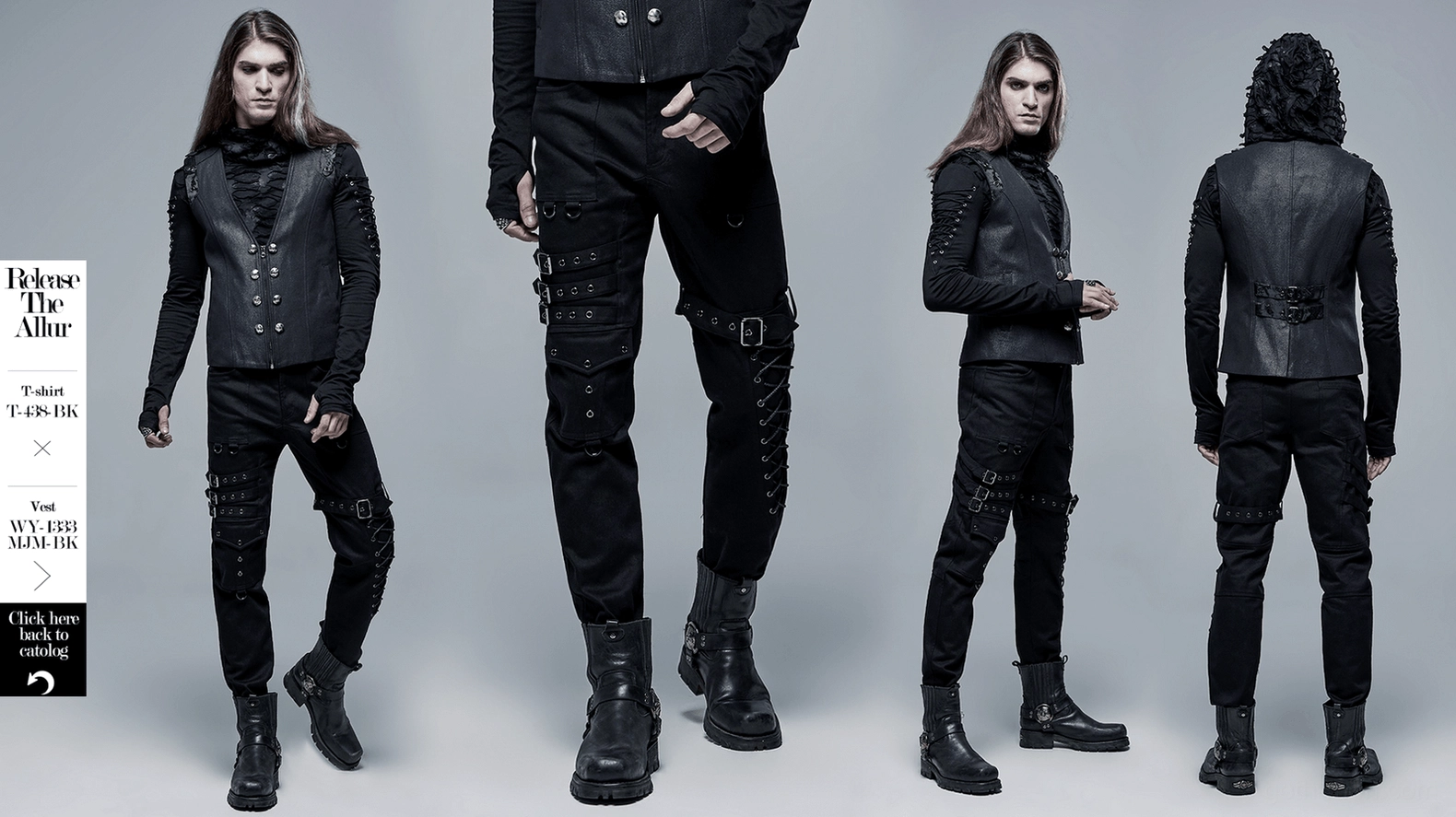 Detailed close-up of cargo pants pocket design with metal buckle straps and reinforced eyelets on black fabric