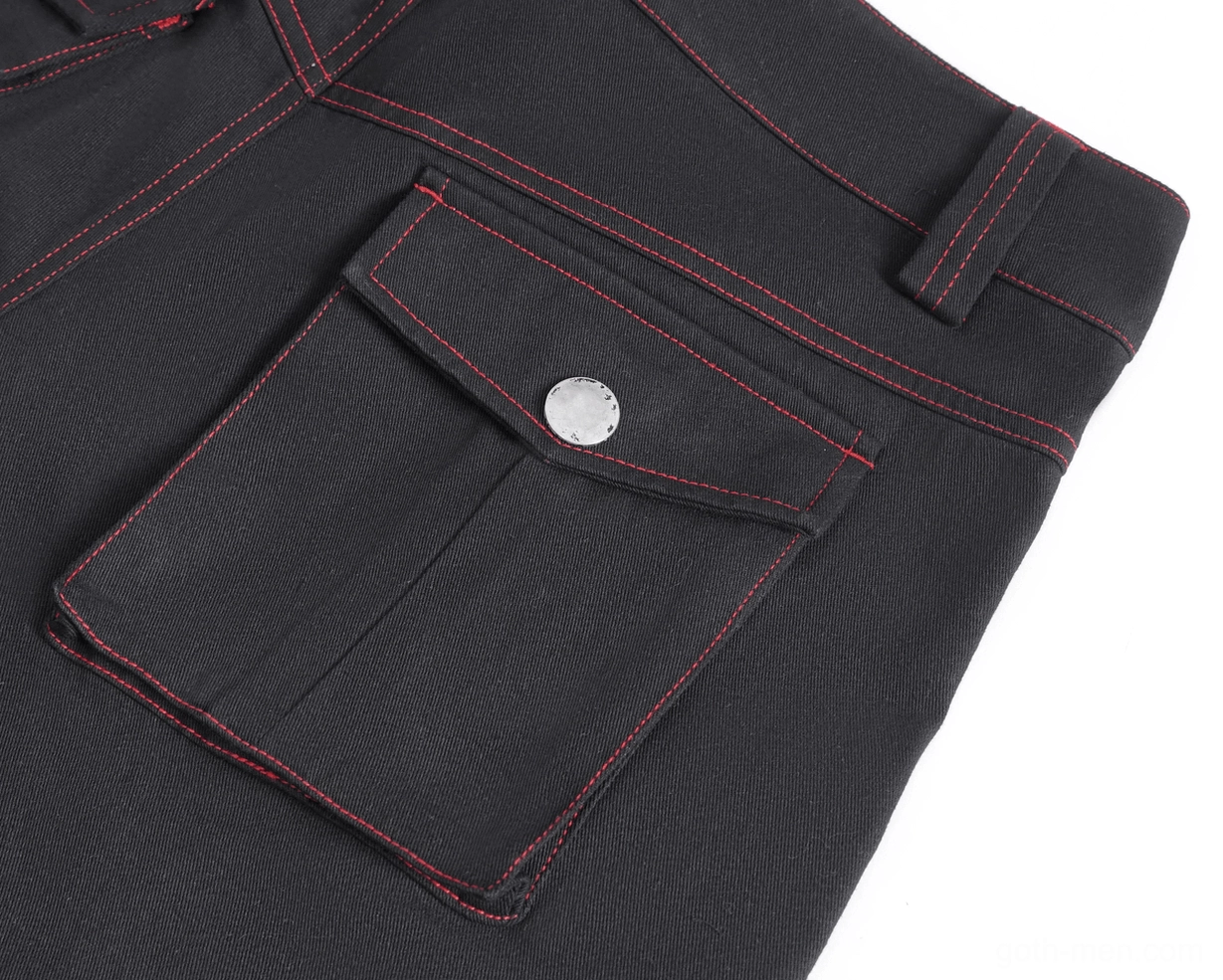 Gothic cargo pants flap pocket detail with metal snap button and red matching stitching