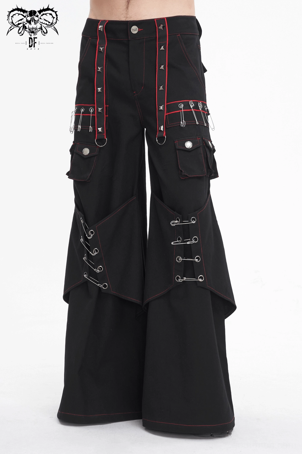 Gothic wide-leg cargo pants showing pocket placement and metal fastener details