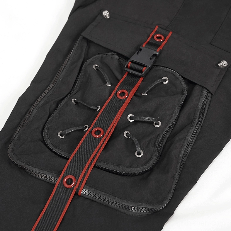 Cargo pocket close-up detail featuring red webbing straps and metal buckle hardware