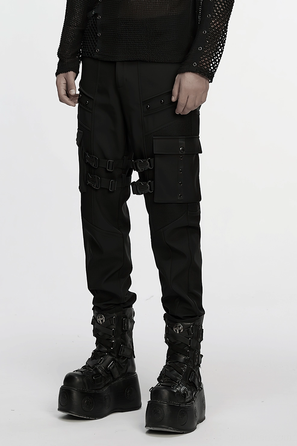 Black gothic cargo pants pocket strap and buckle mechanism detail showcasing functional design elements
