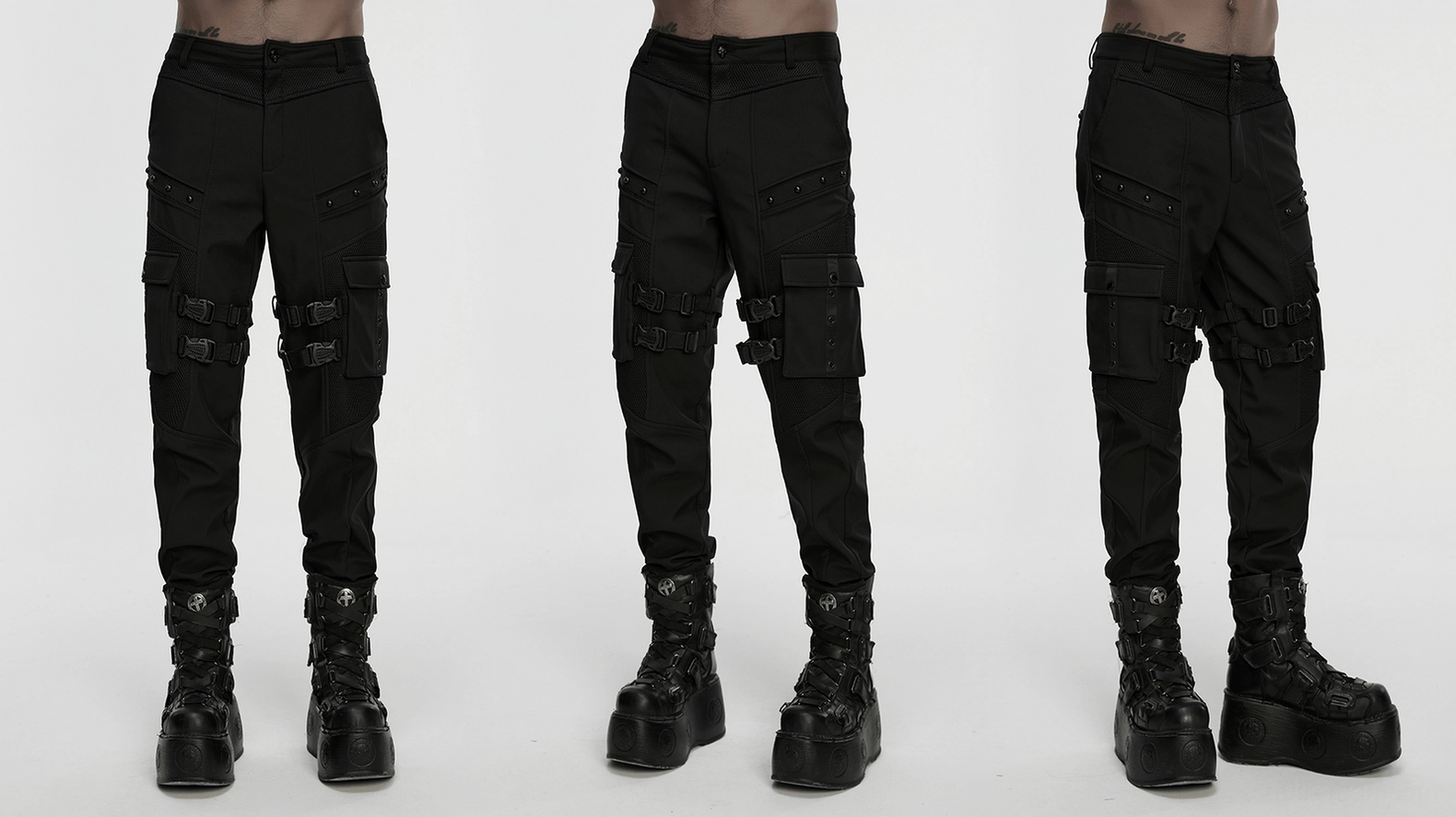 Black gothic cargo pants product photography showing all design elements and buckle hardware