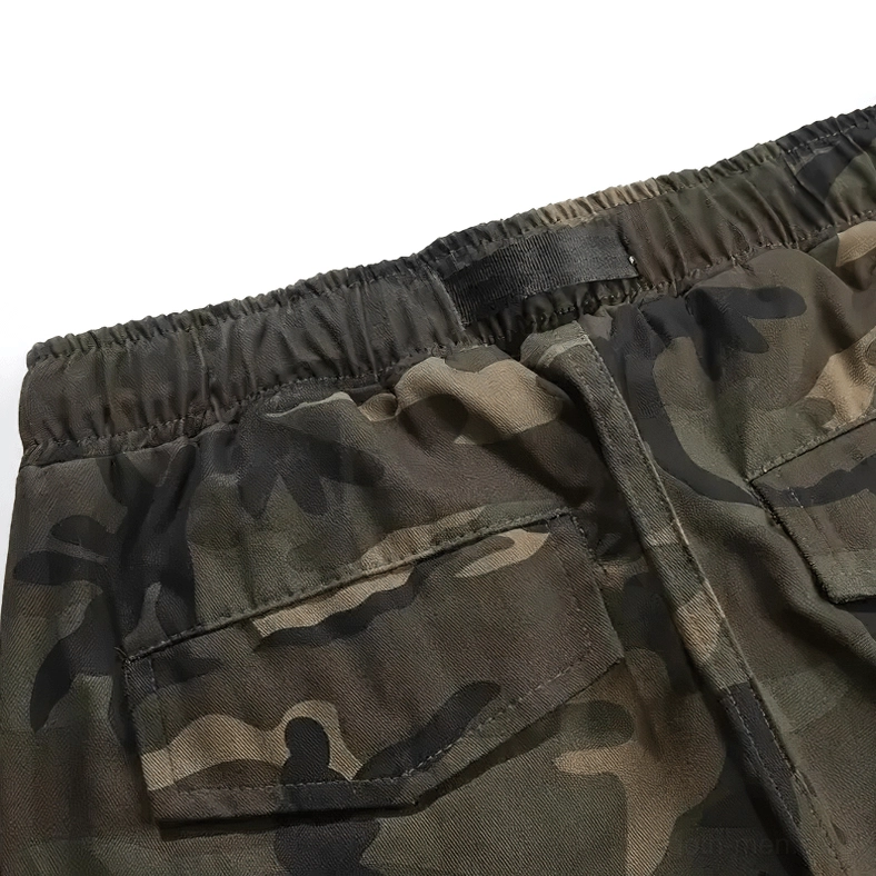 Camouflage cargo pants rear flap pocket close-up with reinforced stitching