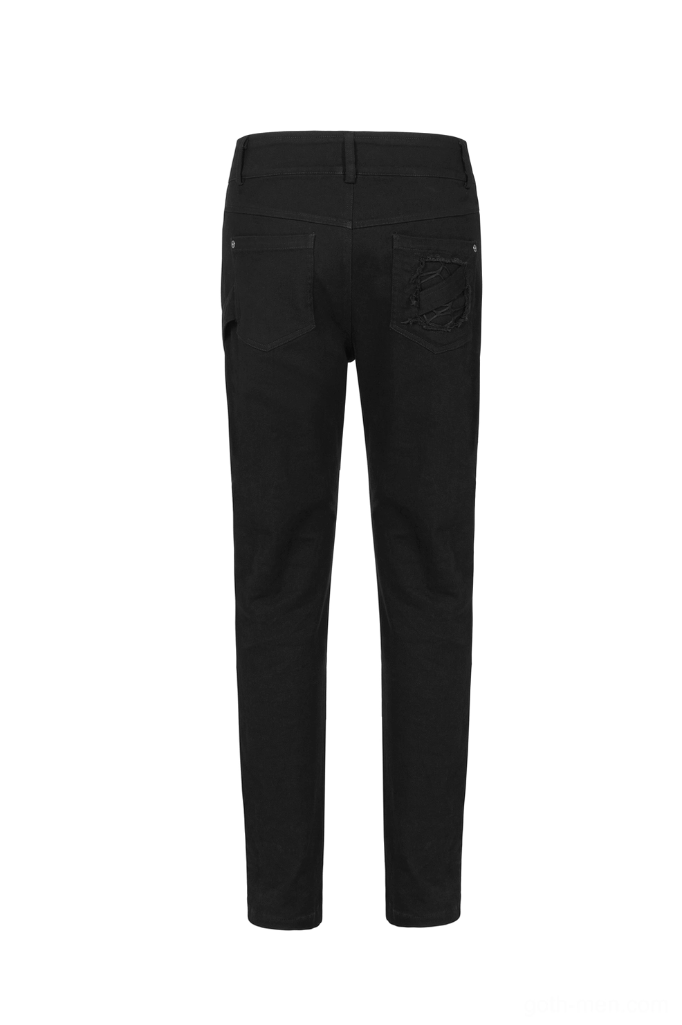 Rear flat lay view of black mesh buckle gothic cargo pants showing embroidered back pocket design