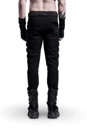 Black fitted cargo trousers with multi-row side straps and metal eyelets shown from rear view
