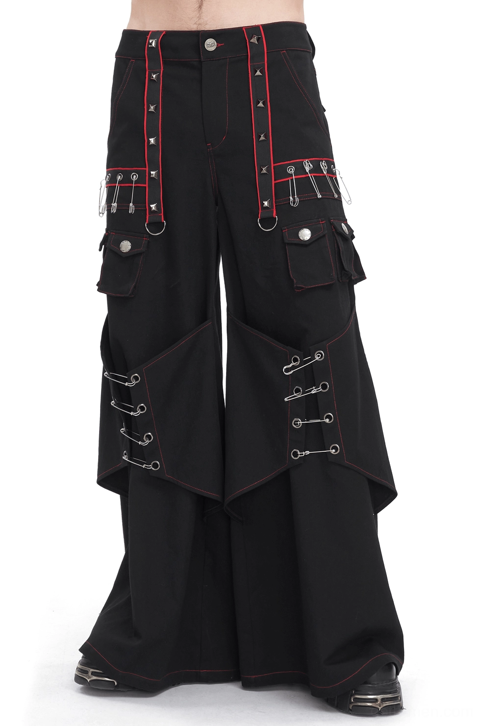 Gothic black wide-leg cargo pants with red topstitching and metal accents front view on male model