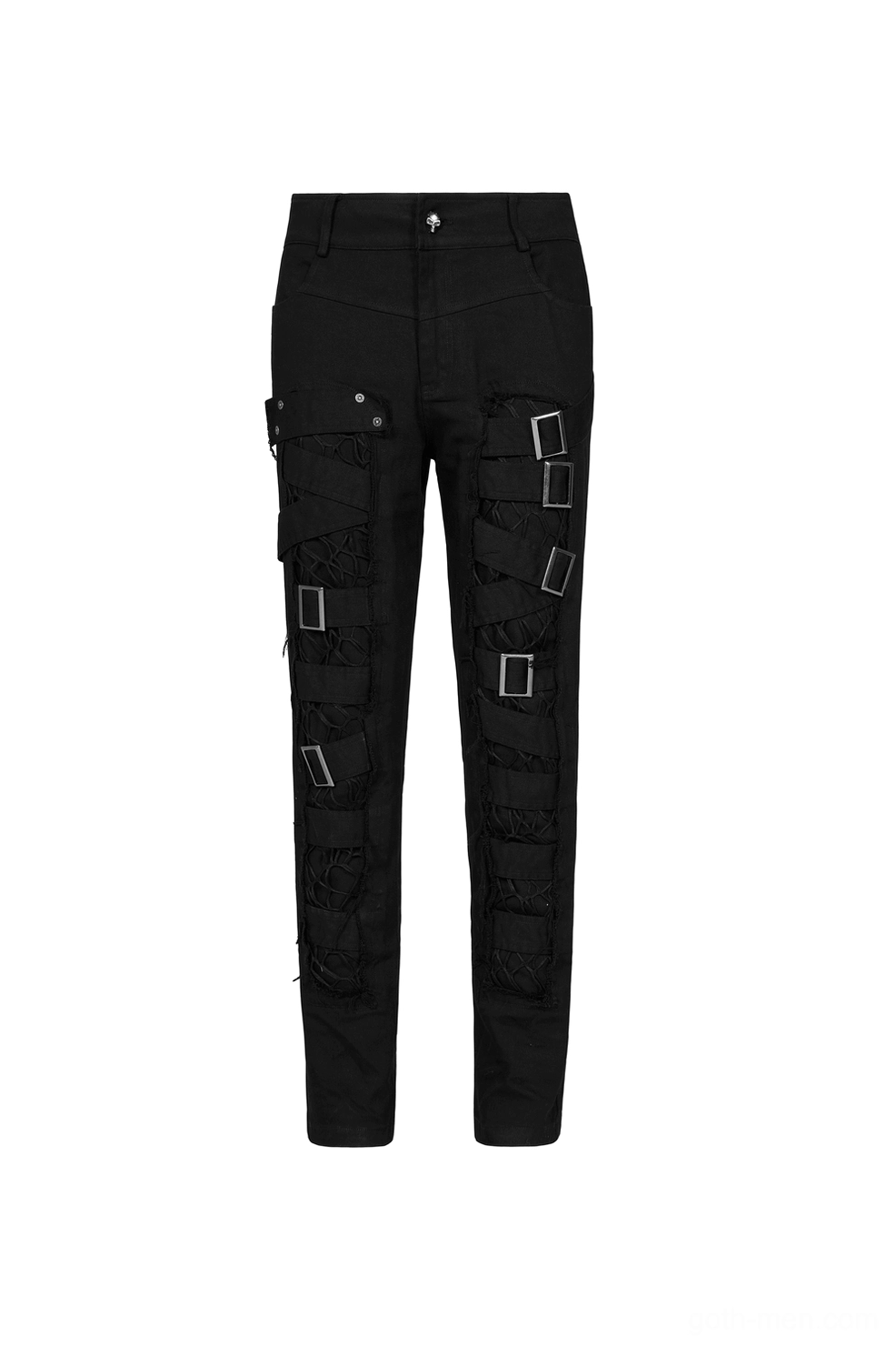 Close-up of black gothic cargo pants side profile, highlighting cargo buckle strap construction and mesh panels