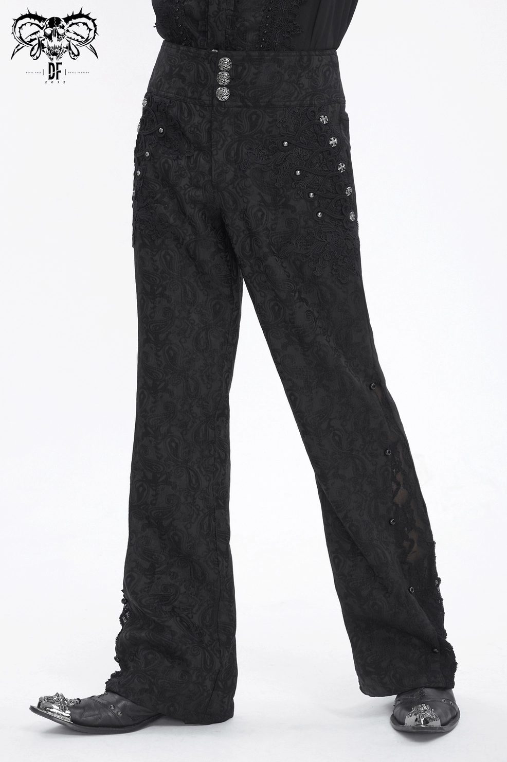 Gothic floral jacquard cargo pants detail showing side button row and fabric texture