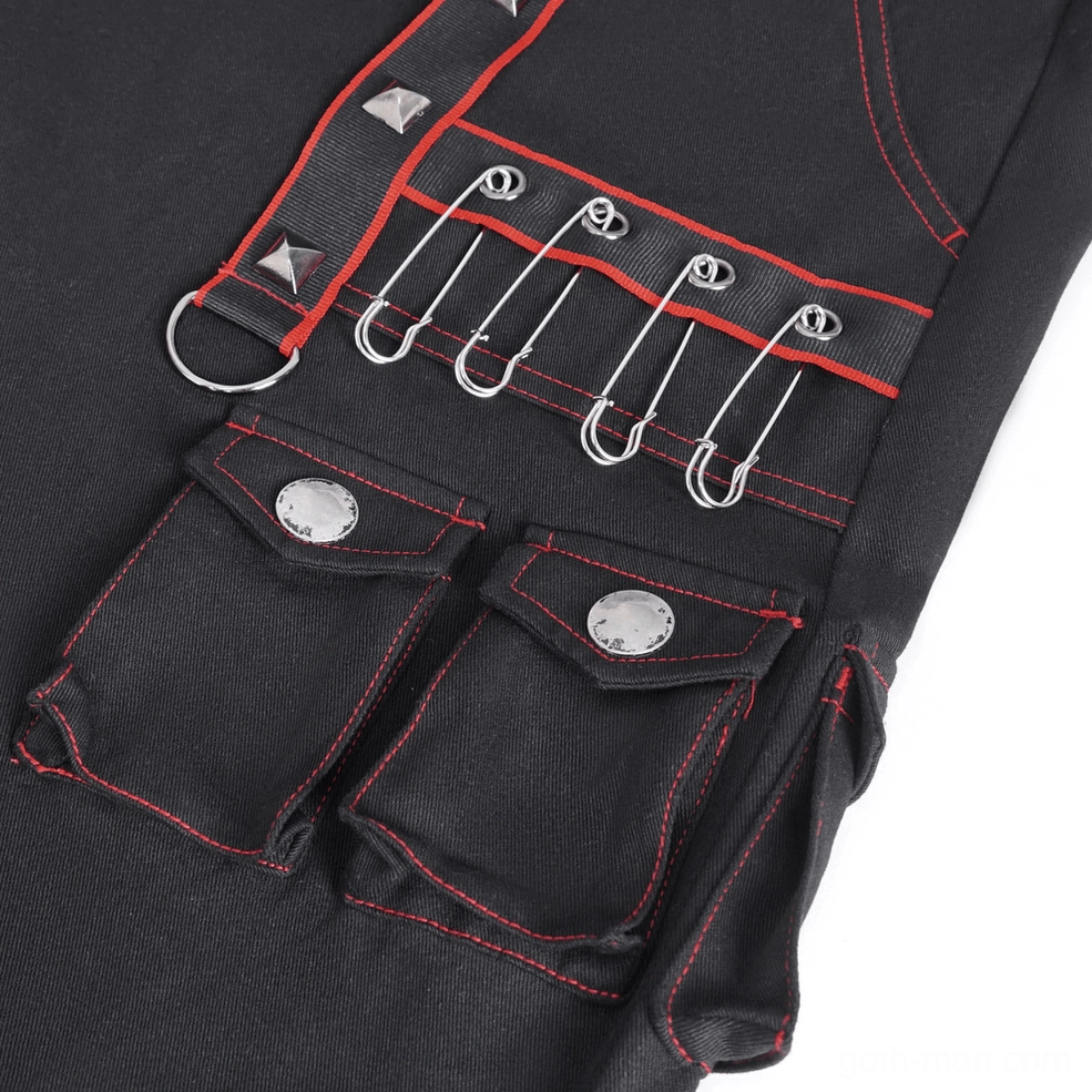 Black gothic wide-leg cargo pants side view showing full silhouette and multi-pocket construction