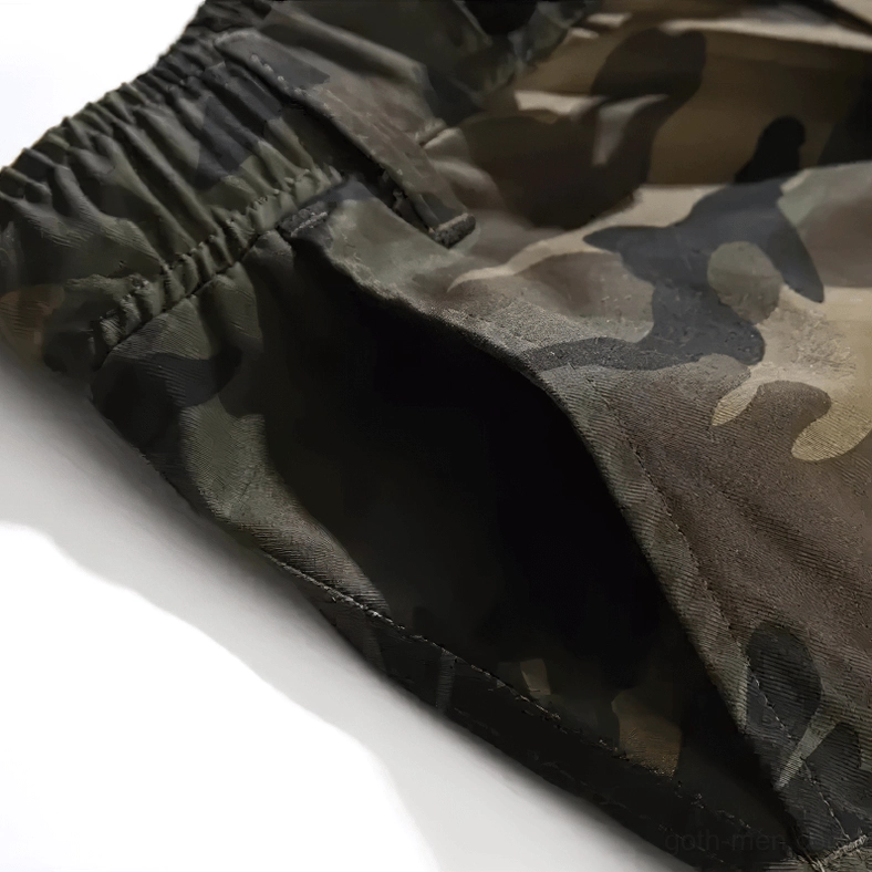 Camouflage cargo pants side pocket close-up showing twill cotton fabric texture