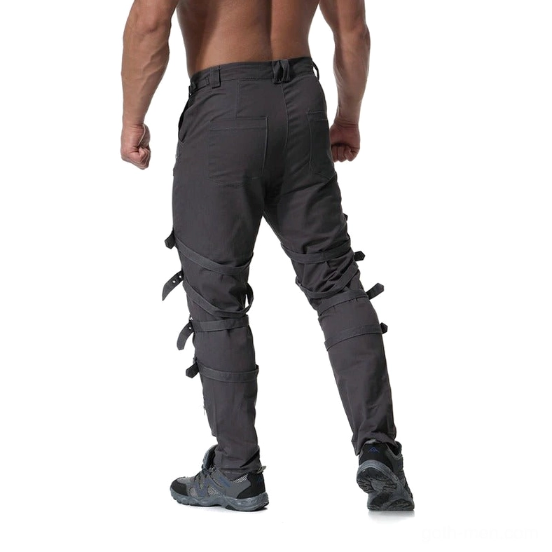 Gothic cargo pants full-body side view showing tapered fit and hardware details