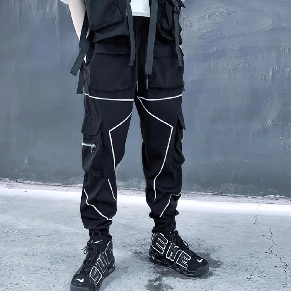 Men's cargo jogger pants side profile showcasing zippered cargo pockets and reflective tactical details