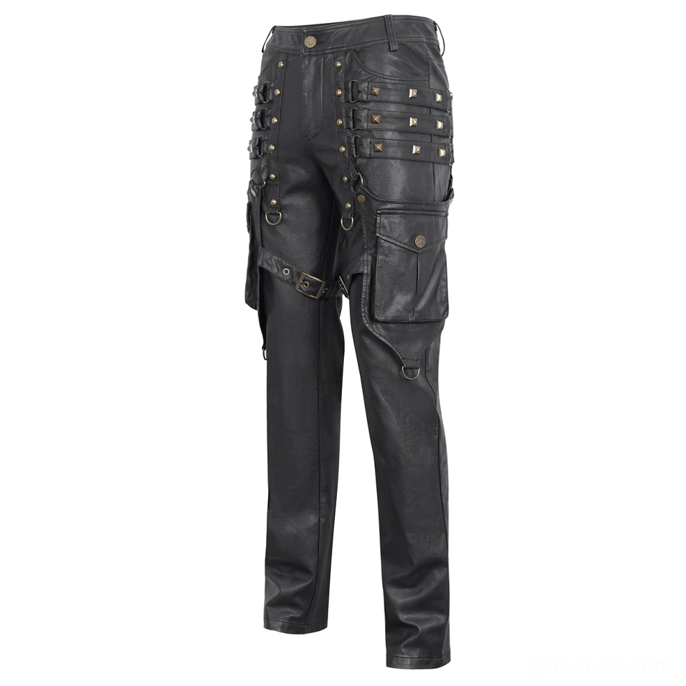 Left side rear angle of men's gothic faux leather pants showcasing thigh harness and flap cargo pocket construction