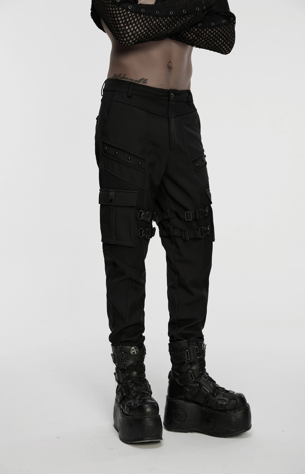 Black gothic cargo pants overall silhouette detail showing fitted cut and cargo functionality