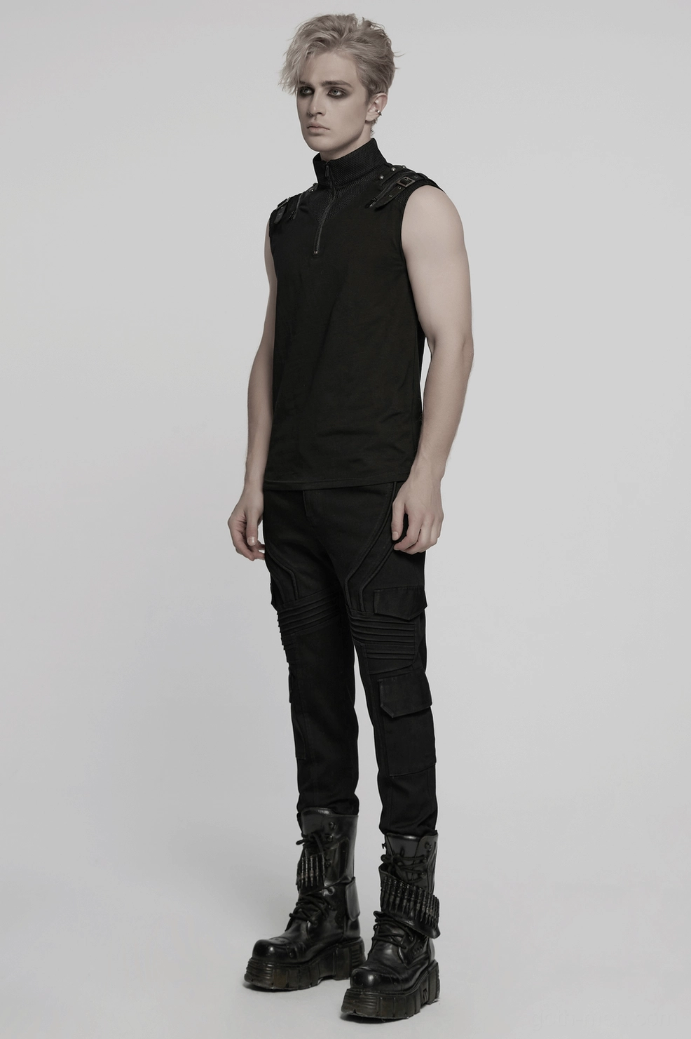 Black cargo pants styled full body alternative goth streetwear ensemble