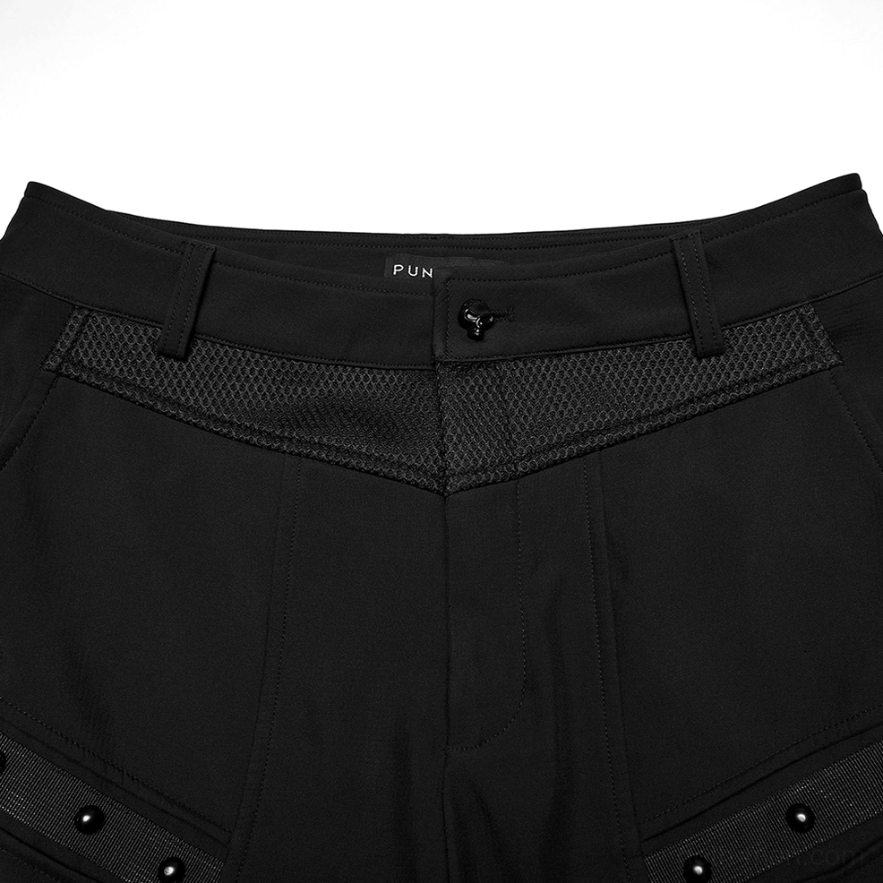 Black gothic cargo pants styling detail showing hardware and tapered leg construction for alternative fashion