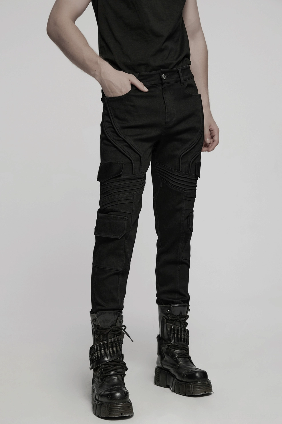 Black gothic cargo pants worn look slim fit styling alternative fashion