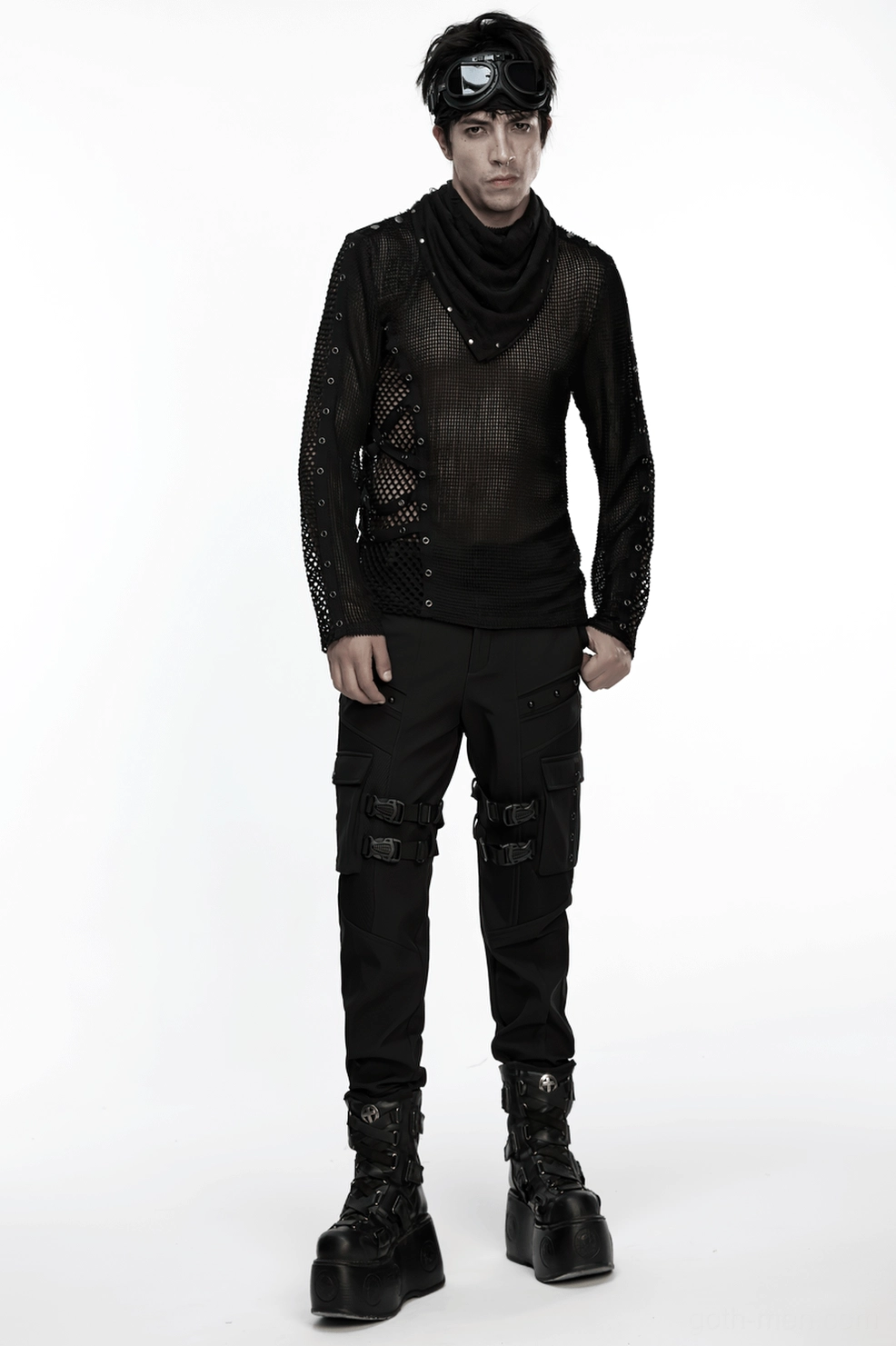 Black gothic cargo pants thigh buckle strap placement and functionality detail shot