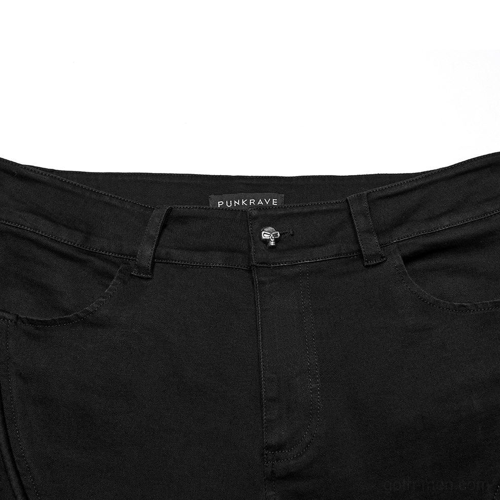 Close-up waist detail black gothic pants button fly belt loops branding