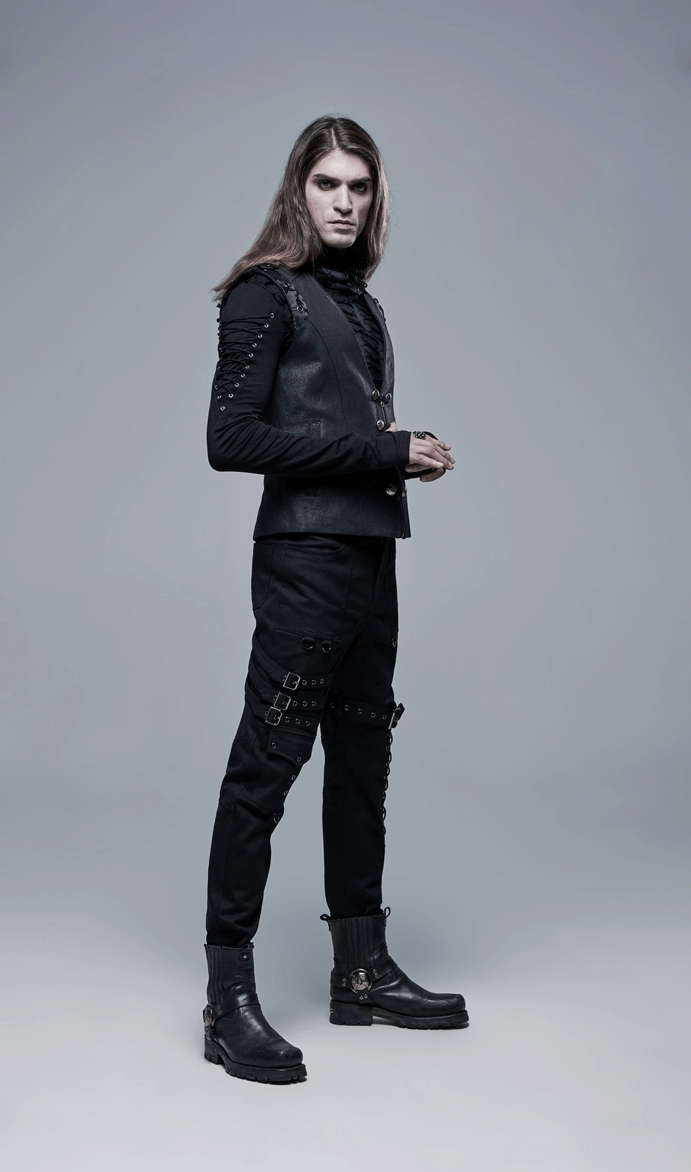 Gothic cargo pants product photography showing waistband construction and buckle placement on black trousers