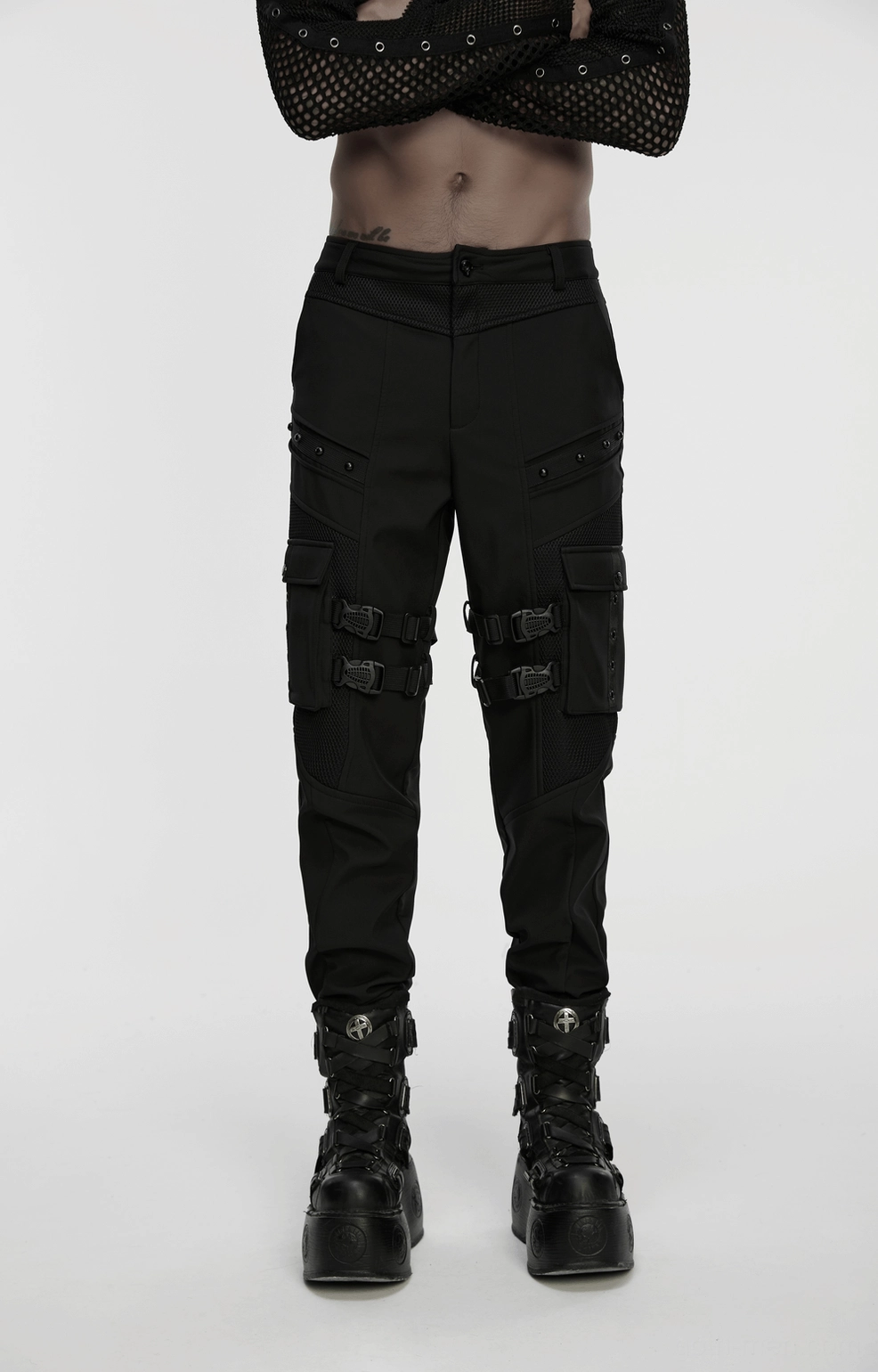 Black gothic cargo pants waterproof woven fabric surface detail under close examination