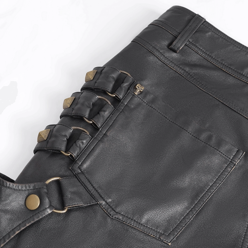 Alternative angle of cargo pocket construction with bronze hardware and leather craftsmanship details