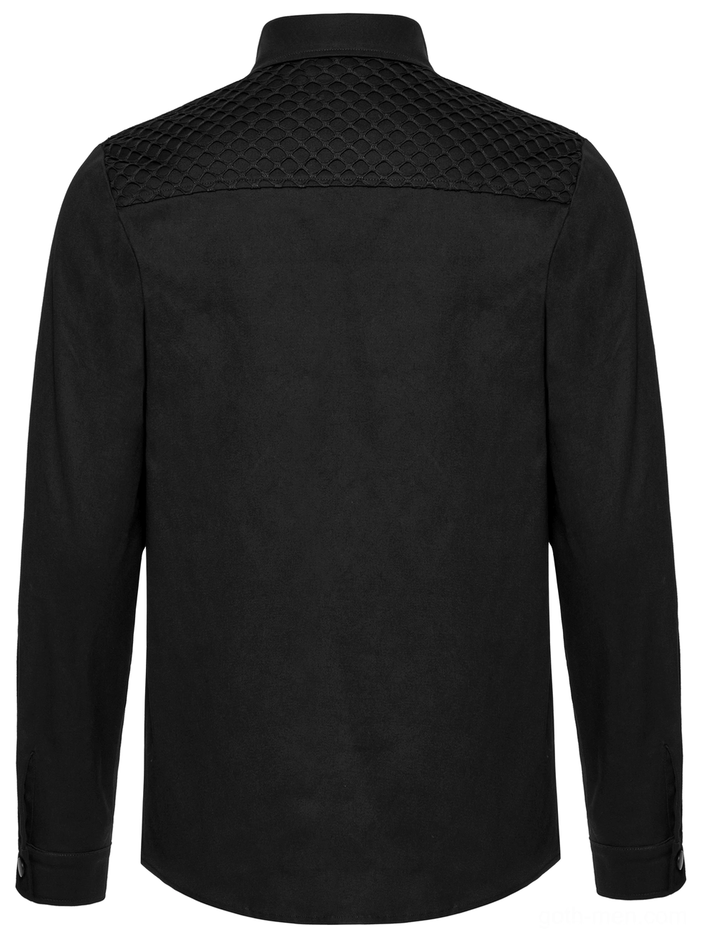 Industrial mesh gothic shirt rear flat lay with prominent quilted mesh panel on upper back solid woven body