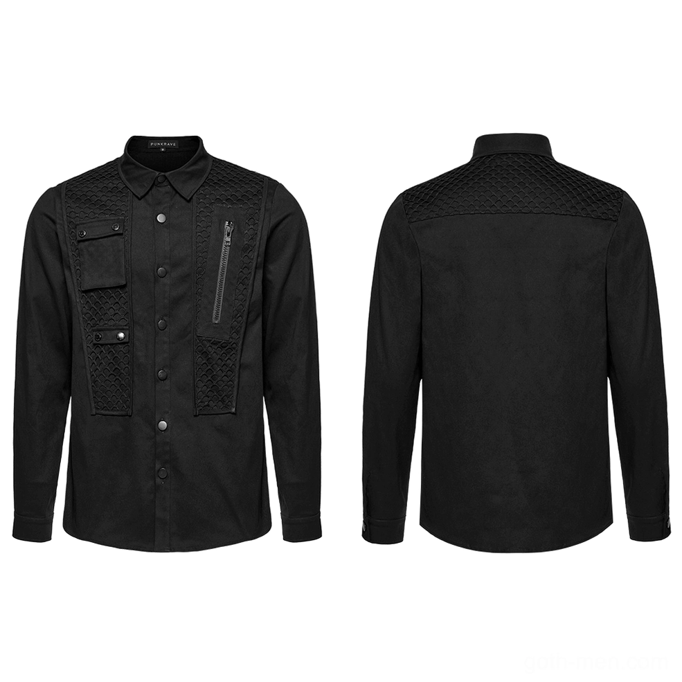Industrial gothic mesh shirt flat lay front and rear view with flap pockets zipper accent and quilted mesh details