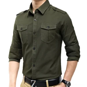 Dark military cargo shirt with rolled-up sleeves, showing army green color and structured shoulder epaulets, front studio shot