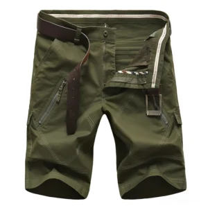 Army green gothic cargo shorts flat lay with branded waist trim and multiple zipper pockets