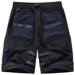 Gothic cargo shorts back view - rear pockets with webbing straps and elastic waistband detail