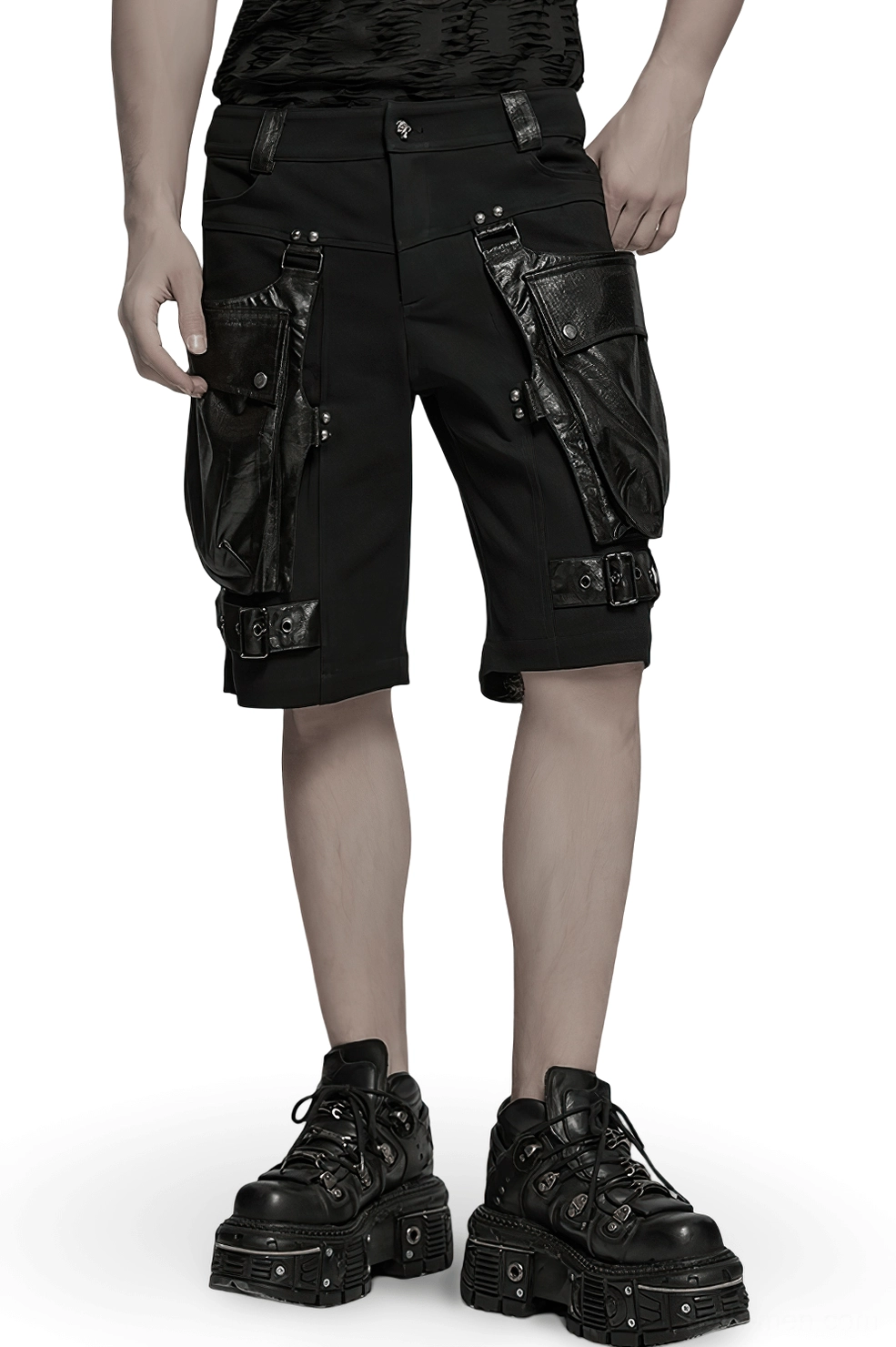 Front view of black gothic cargo shorts with faux leather trim and oversized 3D pockets on male model